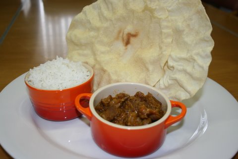 Kumara and Lamb Curry with Banana Coconut Chutney and fluffy rice